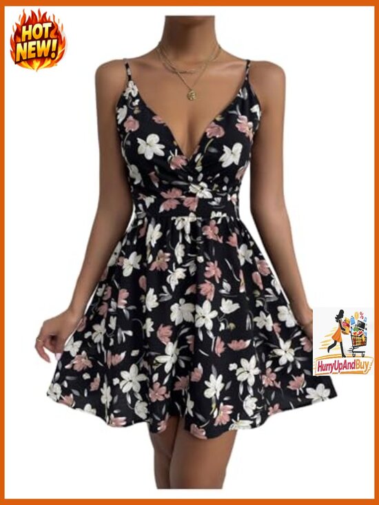 Ditsy Floral Print Flared V-Neck Cami Dress Summer Boho Chic Casual - Picture 5 of 6